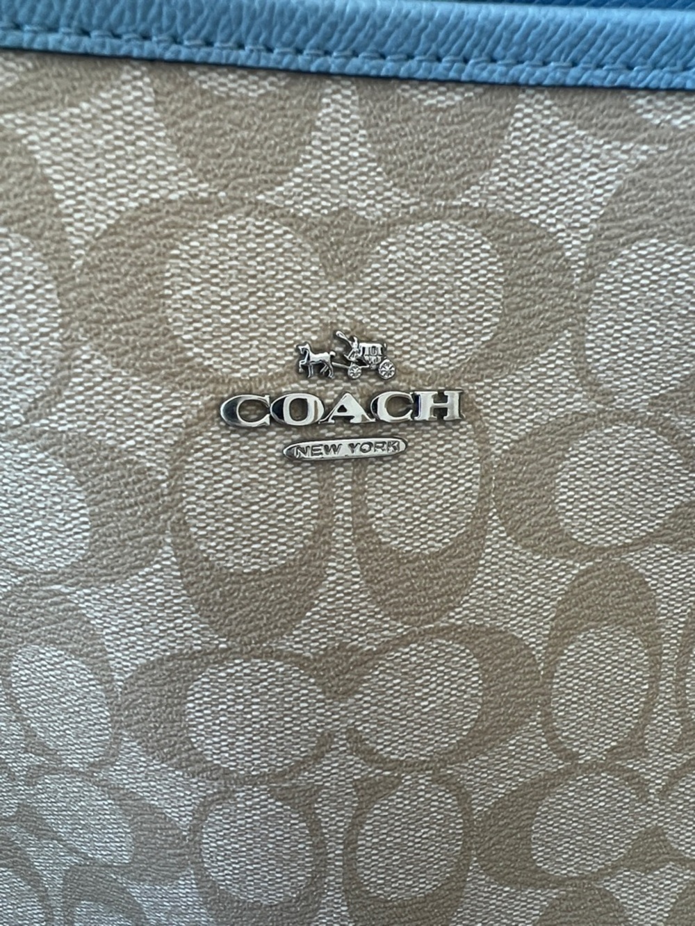 Coach - Beige Signature Tote with Blue Trim, Reversible and Matching Pouch - Picture 2 of 12